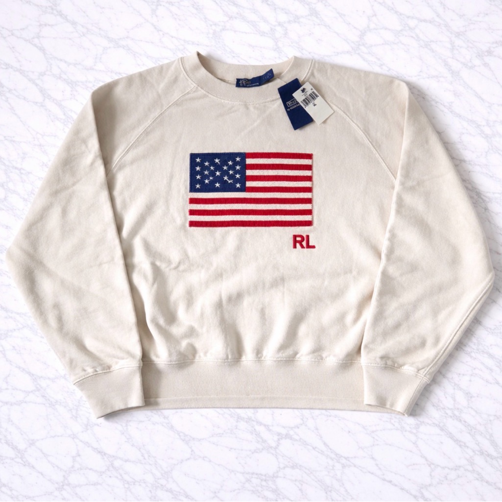 Nwt Ralph Lauren Logo Flag French Terry Crewneck Embroidered